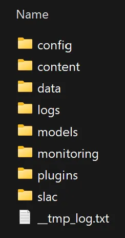 The subfolders of a Project folder: config, content, data, logs, models, monitoring, plugins and slac, plus a __tmp_log.txt file.