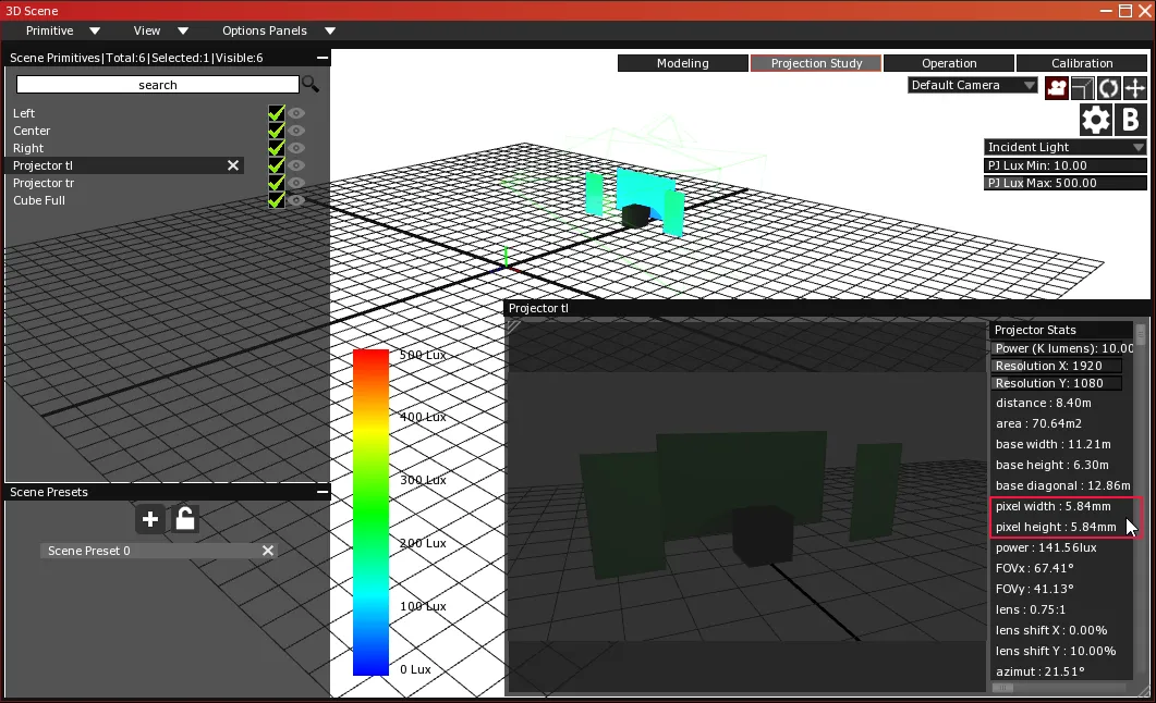 The Projector tl viewport's Projector Stats, with pixel width and pixel height of 5.84 mm outlined in red.