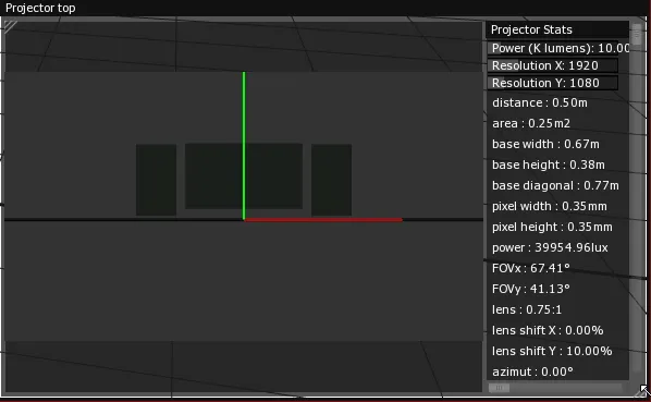 The Projector top viewport's Projector Stats, with the Power (K lumens) slider at 10.00 and the resulting power in lux below.