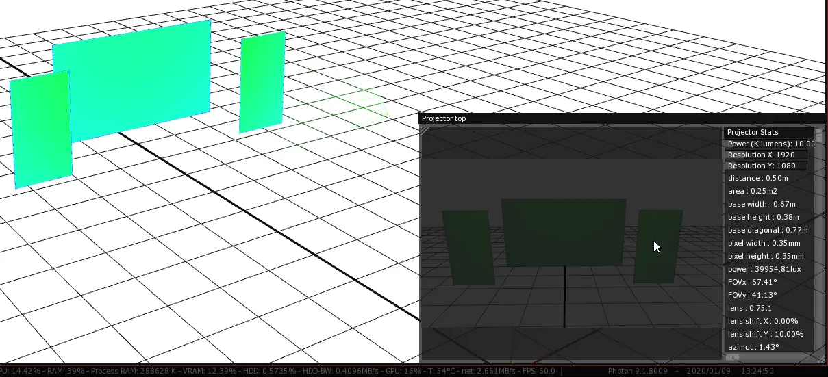 The Projector top viewport with its Projector Stats, the cursor in the view where mouse drags move and aim the Projector.