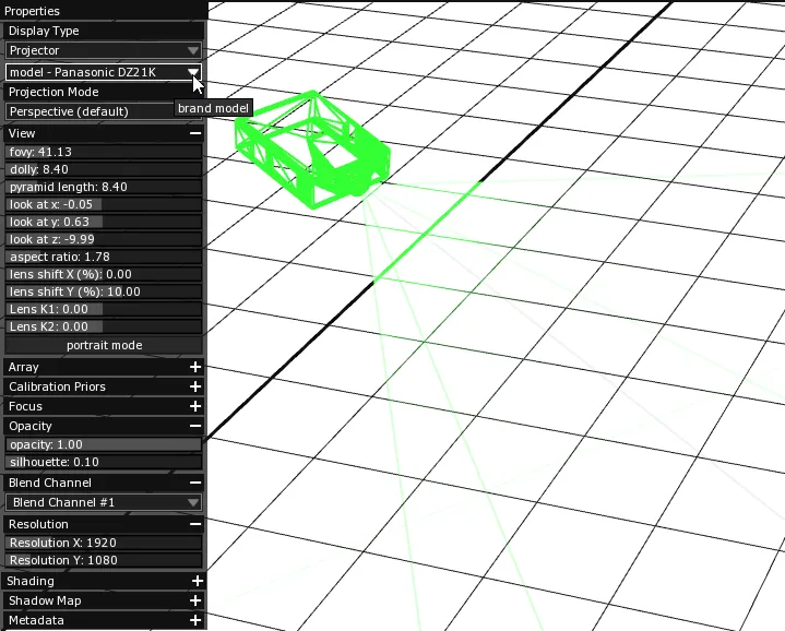 The Projector's Properties panel, with the brand model dropdown set to Panasonic DZ21K and the projector's 3D model shown in green.