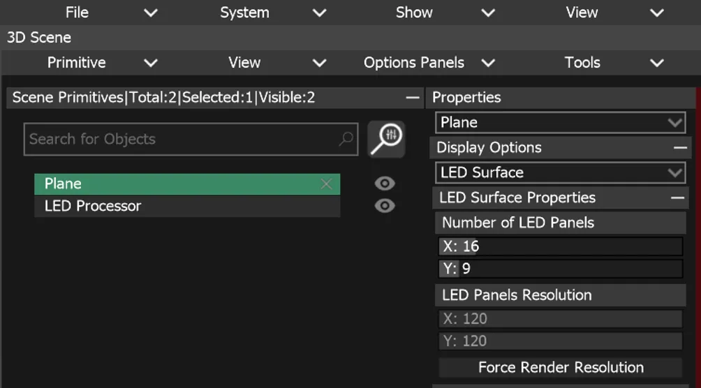 The Properties panel of the selected Plane, with Display Options set to LED Surface and its LED Surface Properties shown below.