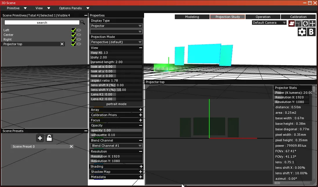 The Projector's Properties panel with lens shift Y (%) at 10.00, matched by lens shift Y 10.00% in the viewport's Projector Stats.