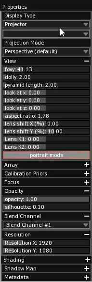 The Projector's Properties panel, with the portrait mode toggle enabled and outlined in red below the lens settings.