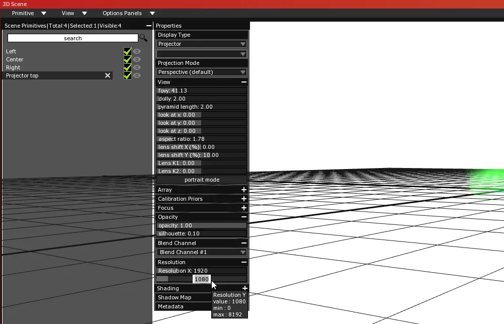 The Projector's Properties panel, Resolution section, with Resolution X at 1920 and Resolution Y being typed as 1080.