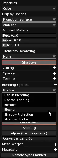 The Properties panel of a Cube, with the Shadows toggle enabled and the Blending Options dropdown open on Blocker.