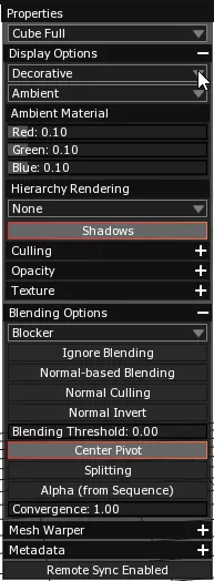 The Properties panel of Cube Full, with the surface type dropdown in Display Options set to Decorative.