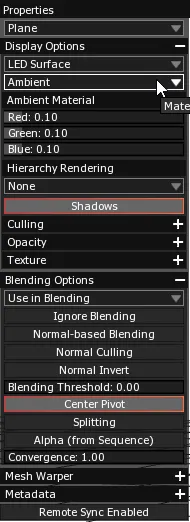 The Properties panel of a Plane, with the surface type dropdown in Display Options set to LED Surface.