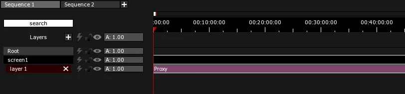 A Proxy Clip on layer 1 of screen1 in the Timeline, drawn in its default purple.