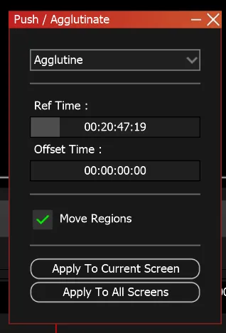 The Push / Agglutinate window with Agglutine selected in the dropdown, Move Regions still checked.