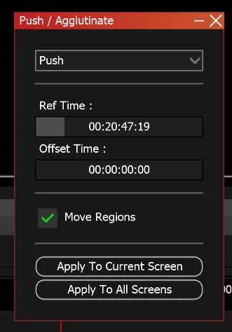 The Push / Agglutinate window: Push dropdown, Ref Time, Offset Time, Move Regions checked and the two Apply buttons.