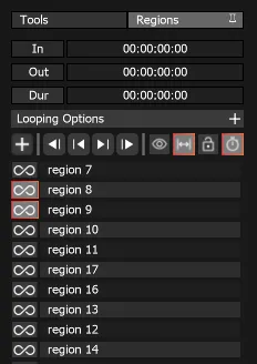 The Regions tab, a Möbius strip toggle to the left of each region label, switched on for region 8 and region 9.