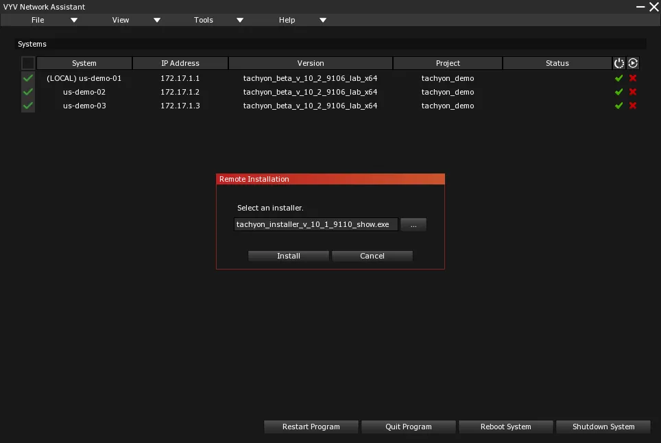 The Remote Installation dialog over the Systems list, an installer selected for the three servers.