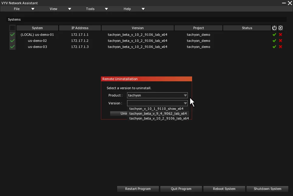 The Remote Uninstallation dialog, its product set and its Version list open on the installed versions.