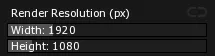 The Render Resolution (px) fields of Screen Properties, with Width at 1920 and Height at 1080.