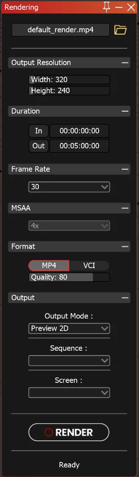 The Rendering module, with output resolution, duration, frame rate, MSAA, MP4 or VCI format and quality, output mode and the RENDER button.