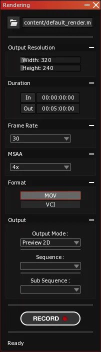The Rendering module, with output resolution, duration, frame rate, MSAA, MOV or VCI format, output mode and the RECORD button.