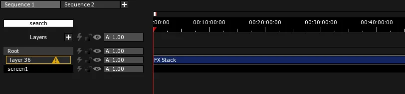 The Root holding layer 36 and its FX Stack Clip, above screen1, with the layer 36 entry outlined and a warning icon.