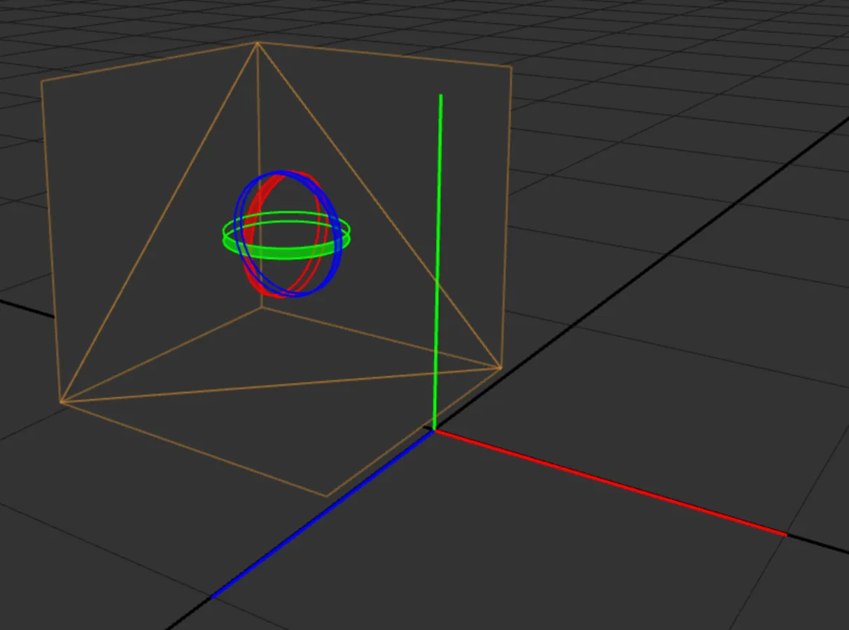 The Rotate Manipulator on the cube corner in the 3D Scene Preview: one ring per axis, X red, Y green, Z blue.