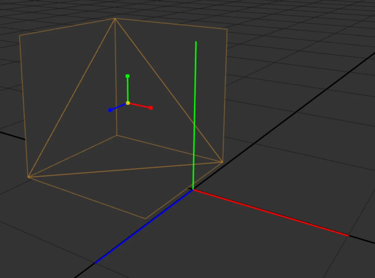 The Scale Manipulator on the cube corner: cube-tipped handles, X red, Y green, Z blue, and a yellow dot that acts on all axes at once.