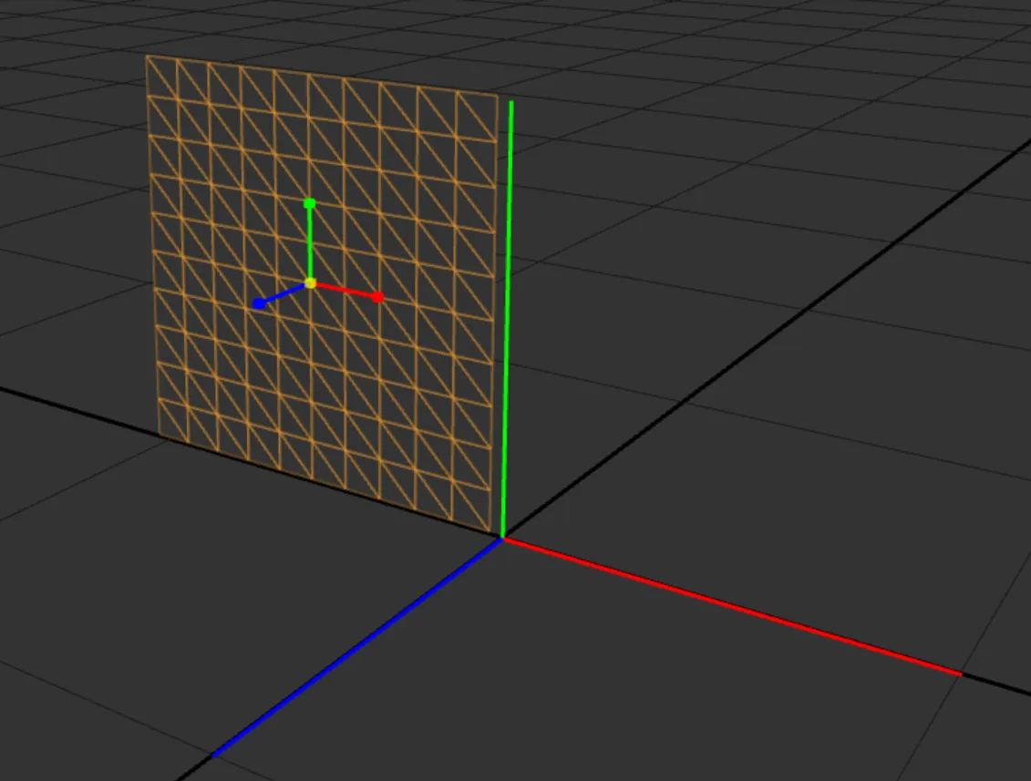The Scale Manipulator on a plane: cube-tipped handles, X red, Y green, Z blue, and a yellow dot that acts on all axes at once.