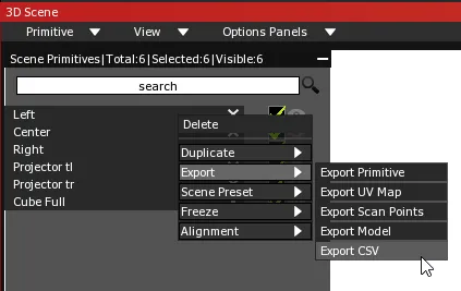 The Scene Primitives contextual menu on all six selected items, with Export open and the cursor on Export CSV.