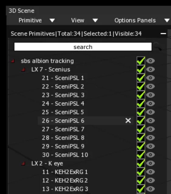 The Scene Primitives list of the 3D Scene: the imported patch as layers LX 7 - Scenius and LX 2 - K eye, each fixture a primitive.
