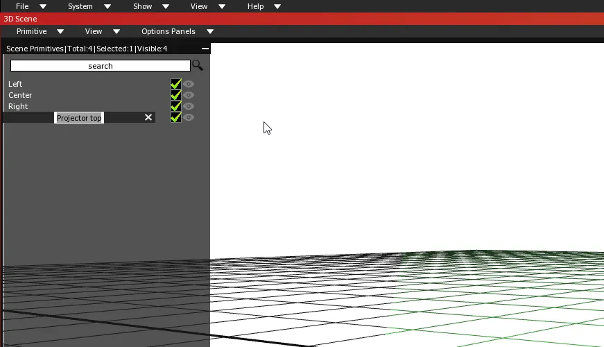 The Scene Primitives list, with the new Projector's entry open as a text field where the name Projector top is typed.