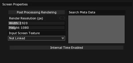 The Screen Properties panel, with the Search Meta Data box, still empty, to the right of Render Resolution.