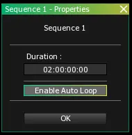 The Sequence 1 - Properties window, with Enable Auto Loop switched on below the Duration field.