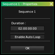 The Sequence 1 - Properties window, with the Duration field at 02:00:00:00 and the OK button to confirm.