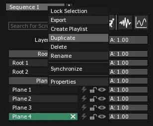 The Sequence tab contextual menu, with Duplicate highlighted to create a copy of the Sequence.