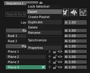 The Sequence tab contextual menu, with Export highlighted to save the Sequence as a .seq file.