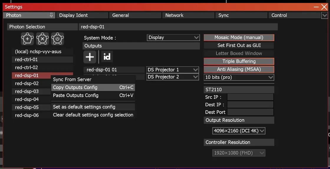 The Settings module, Photon tab: the context menu of server red-dsp-01, with Copy Outputs Config (Ctrl+C) highlighted.