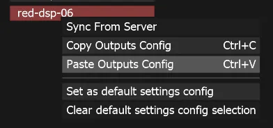 The context menu of server red-dsp-06, with Paste Outputs Config (Ctrl+V) highlighted.