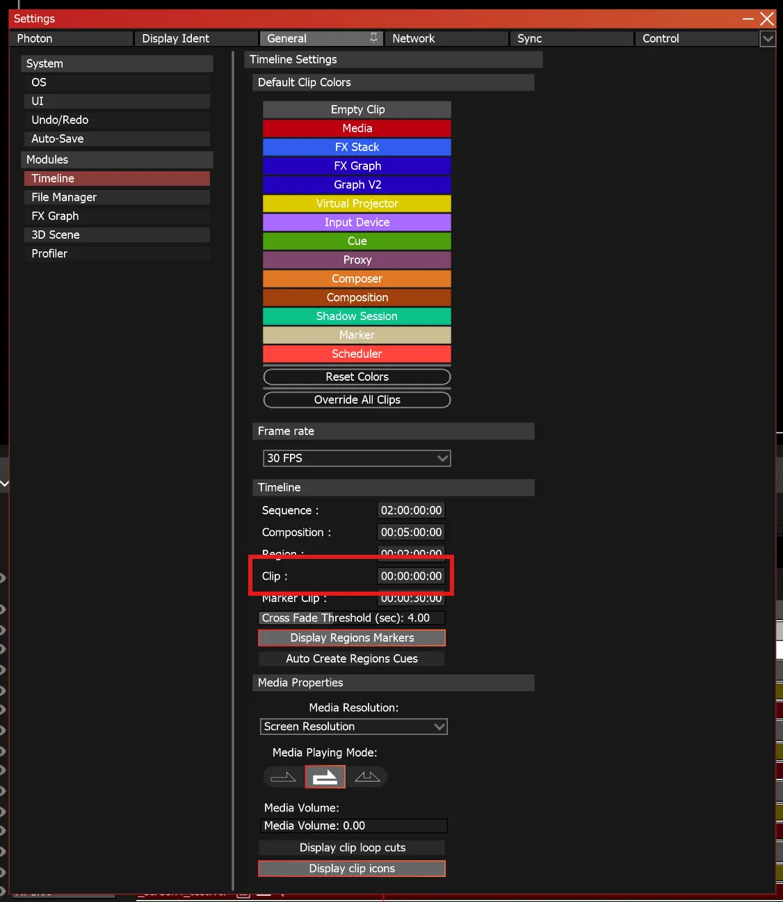 The Settings window, General tab, Timeline module, with the Clip default duration of 00:00:00:00 boxed in red.
