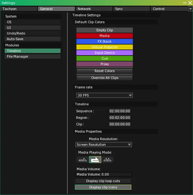 The Settings window, General tab, with Timeline selected and the Sequence default duration set to 02:00:00:00.