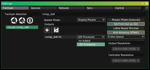 The Settings module on its Tachyon tab, with LED Processor picked in the dropdown beside the Virtual Video Output.