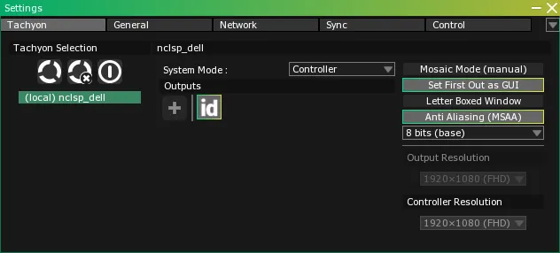 The Settings module on its Tachyon tab, with the id toggle enabled under Outputs.