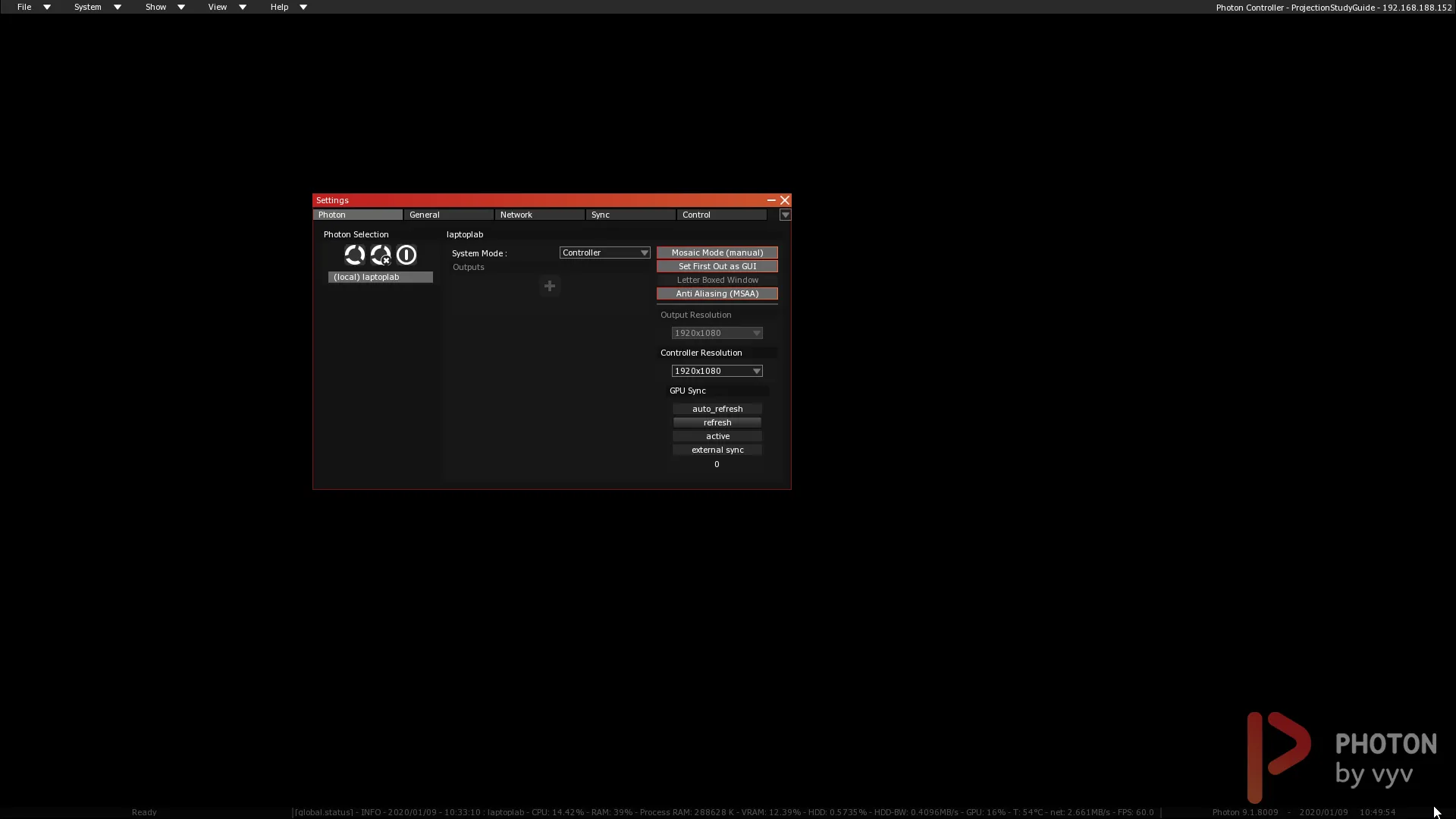 The Settings module on its Photon tab, with the local server selected in Photon Selection and System Mode set to Controller.