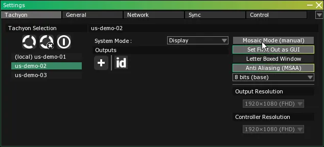 The Settings window, Tachyon tab, with the pointer on the Mosaic Mode (manual) toggle of the Display server us-demo-02.