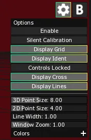 The 3D Scene Settings panel, with the Display Cross and Display Lines toggles and the 2D Point Size and Line Width sliders.