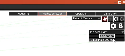 The 3D Scene Settings panel, with PJ Lux Min being typed as 10 and PJ Lux Max at 500.00 to set the heatmap range.