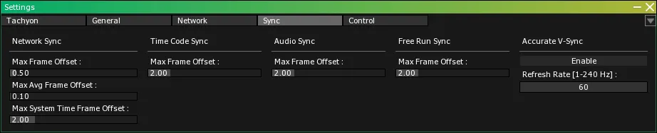The Sync tab of the Settings module, with the Max Frame Offset fields of Network Sync, Time Code Sync, Audio Sync and Free Run Sync.