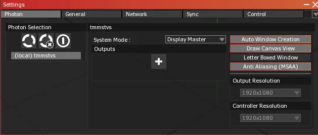 The Photon tab of the Settings module, with the System Mode of the local server set to Display Master.