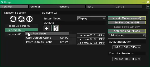The Tachyon Selection list in the Settings module, with the contextual menu of us-demo-02 open and the pointer on Sync From Server.
