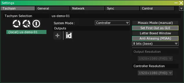 The Tachyon tab of the Settings module, with only the local server us-demo-01 in the Tachyon Selection list.