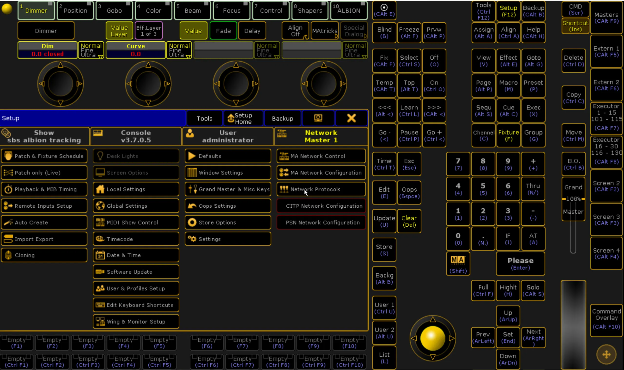 The grandMA Setup menu, with the pointer on the Network Protocols button.