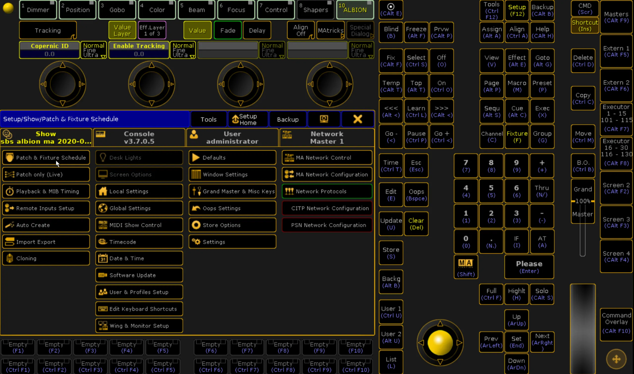 The grandMA Setup menu, with the pointer on the Patch & Fixture Schedule button.