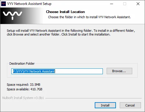 The setup wizard at Choose Install Location, its destination folder filled in and the Install button ready.